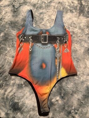 Graphic Chain Belt One-Piece Swimsuit in Blue, Orange & Yellow